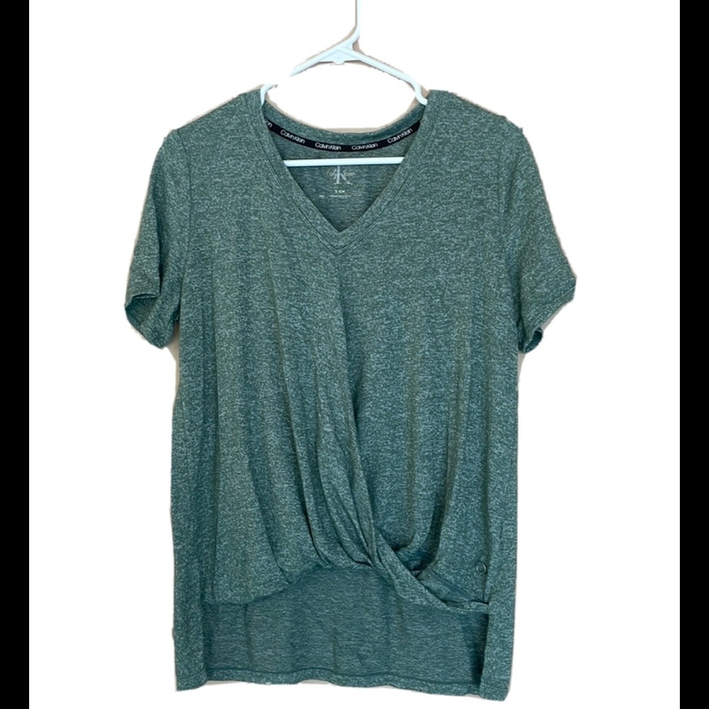 Calvin Klein Green Sweater-Like Hi-Low Front Bunched Short Sleeve Top Size Small